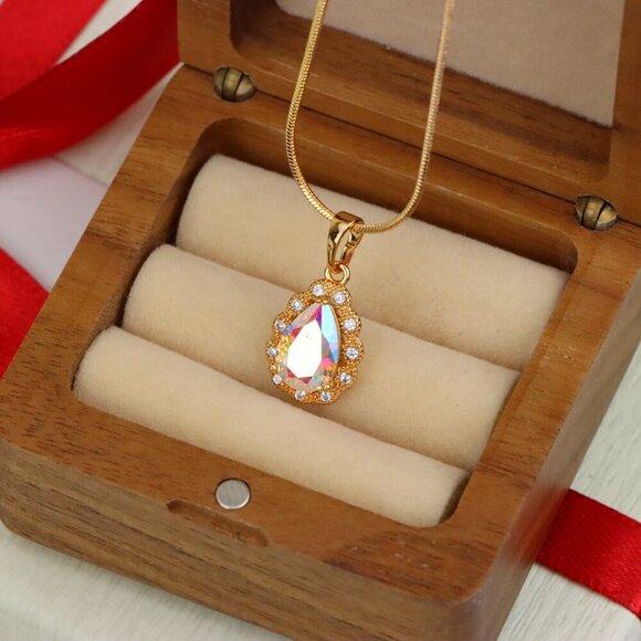 "Elegant Teardrop Rose Gold Pendant with Iridescent Stone Accent, XPPT1515 - Picture 5 of 11